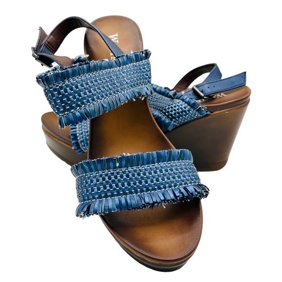 Vintage Fringe Woven Ankle Strap Open Toe Platform Wedge Sandal Navy Brown 8 - Picture 8 of 13